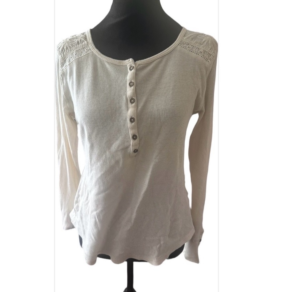 Lucky Brand Cream Henley Long Sleeve Top with Lace Shoulders
